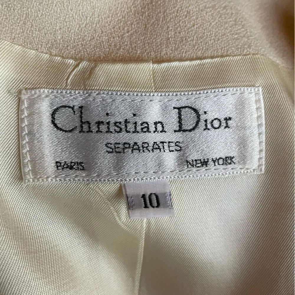 Christian Dior Vintage Minimalist Collarless Coat Suit Jacket Cream Wool